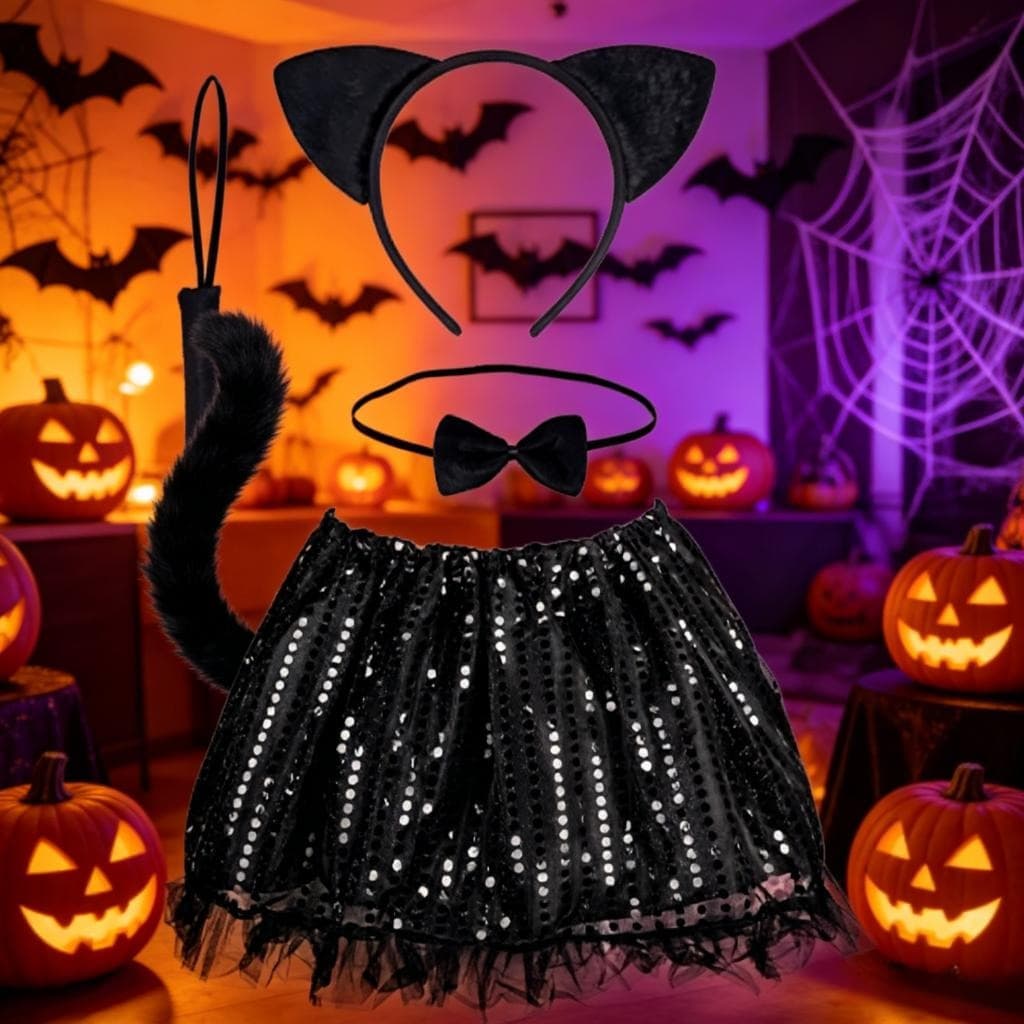 Katzen Kostüm, 4-teiliges Schwarzes Katzen Set Mit Haarreif, Schleife, Schwanz & Rock, Elegantes Cat-Outfit Für Cosplay, Karneval & Halloween, Tierkostüm Für Damen-Partyzubehör-Set