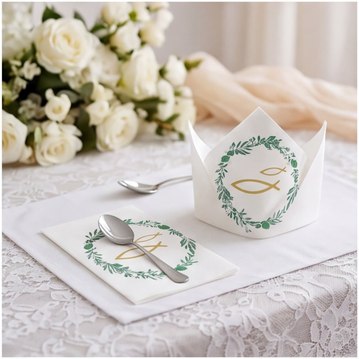 40 Napkins With Leaf And Fish Patterns In Green, Ideal For Garden Parties And Celebrations—party Supplies Set