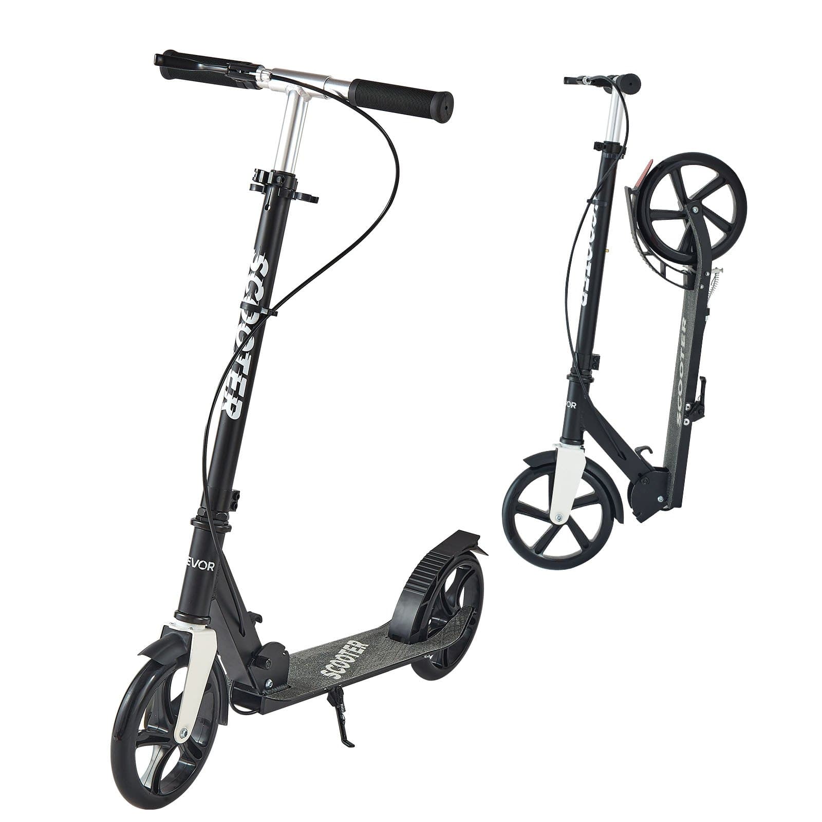 Kick Scooter For Kids Ages 8+, Teens & Adults, 2-Wheel Toddler Scooter With Adjustable Height Handlebar, Wide Anti-Slip Deck, Foldable Lightweight For Boys & Girls Up To 220 Lbs, Black + Silver