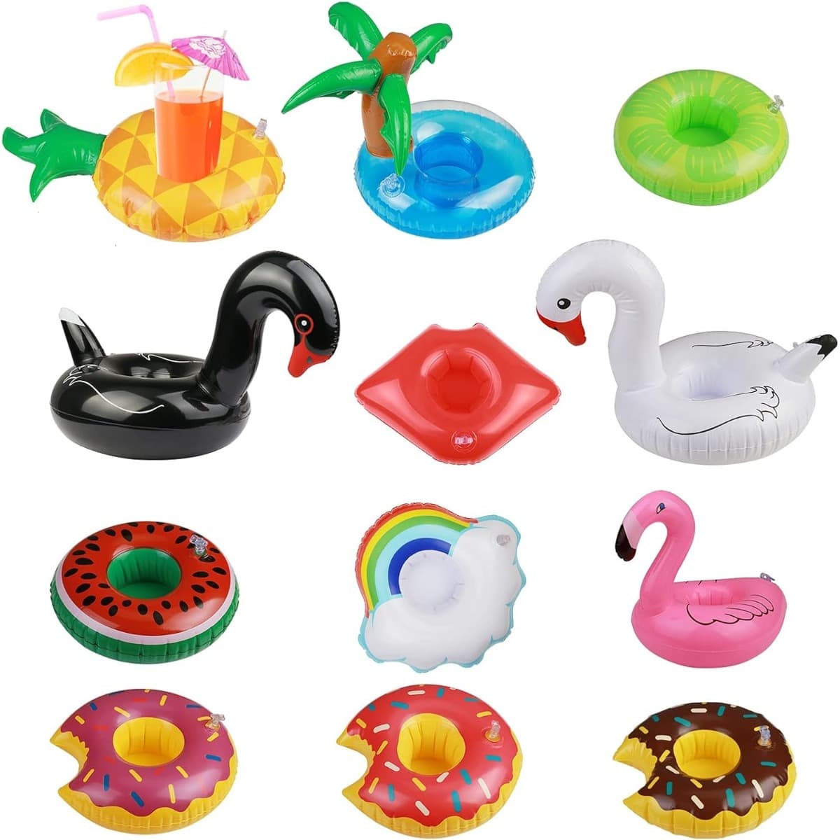12-Piece Inflatable Pool Coaster Set – Floating Drink Holders With Fun Summer Designs For Pool Parties, Beach Parties, And Outdoor Events
