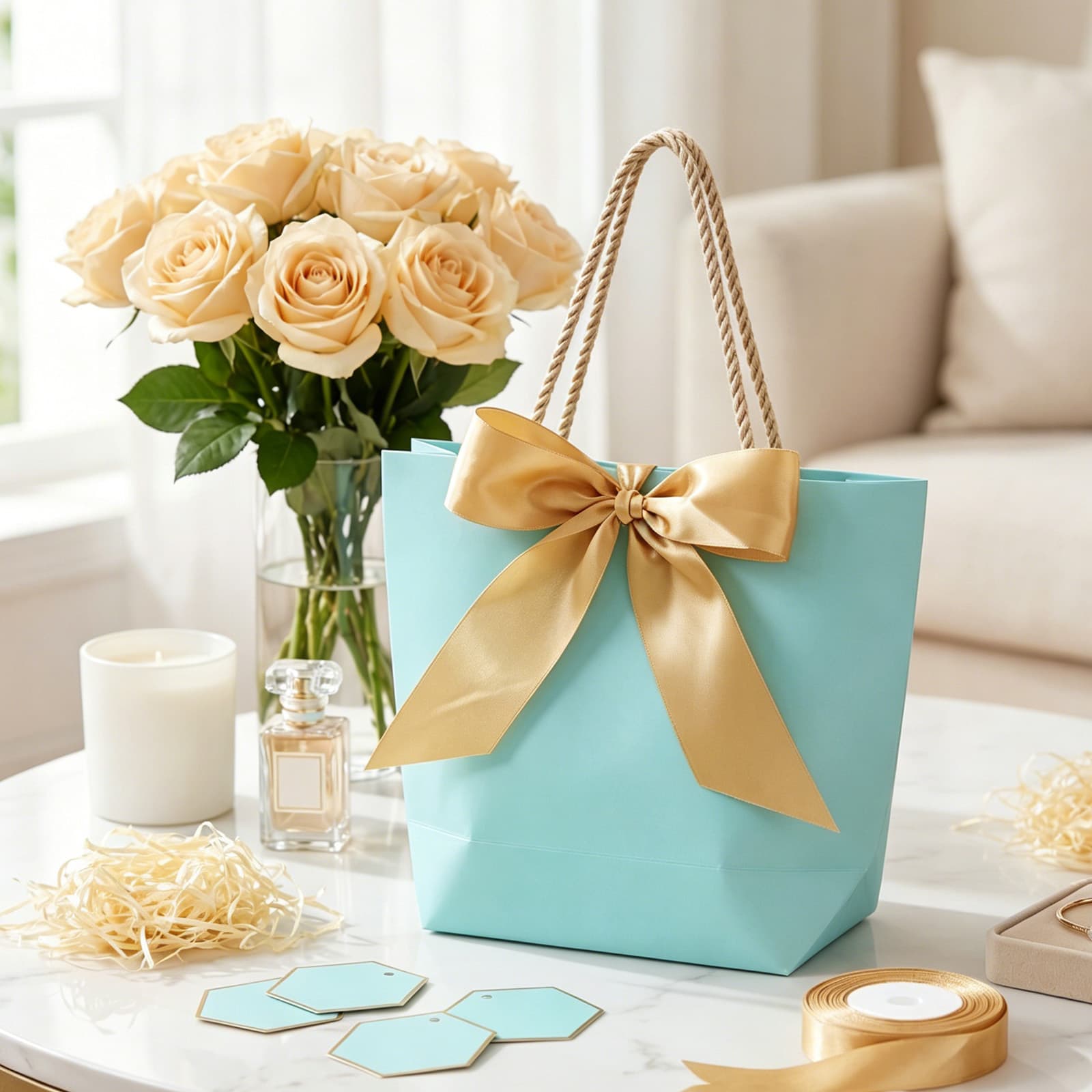 10 Blue Gift Bags With Bows, 21x16x7 Cm, Including 50g Of Light Beige Filler Material—Gift & Party Supplies Set