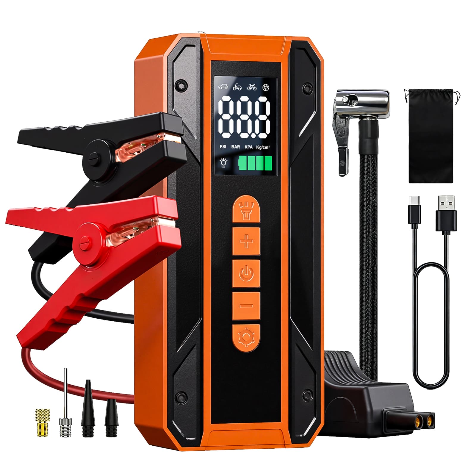 Air Pump Car Jumper Starter Portable Battery Pack With 150PSI Tire Inflator, 12V Jumper Box For Car Charger Battery Booster With LCD Display, 3-Mode Emergency Flashlight