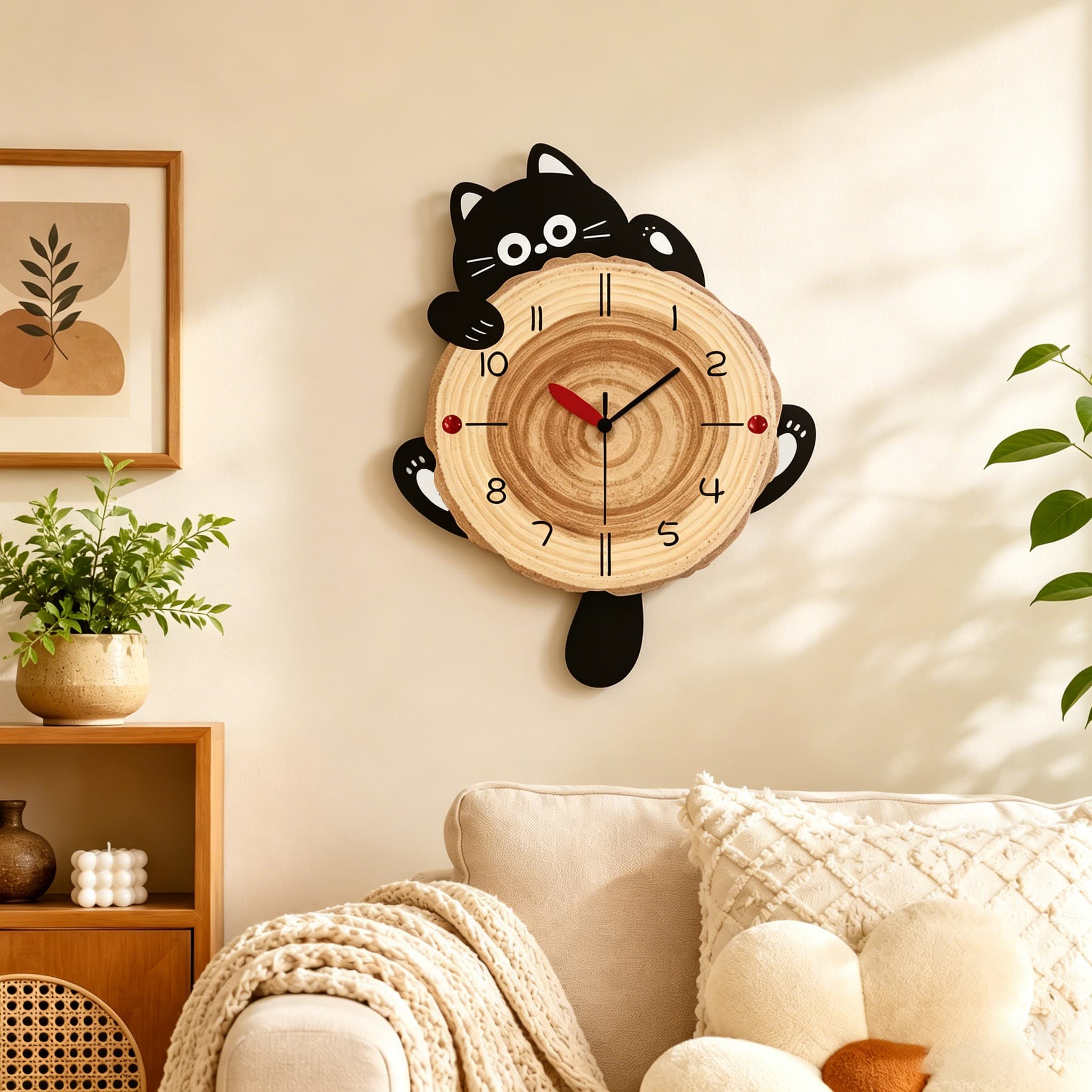 Modern Cat Wall Clock Wooden Art Animal Home Decoration