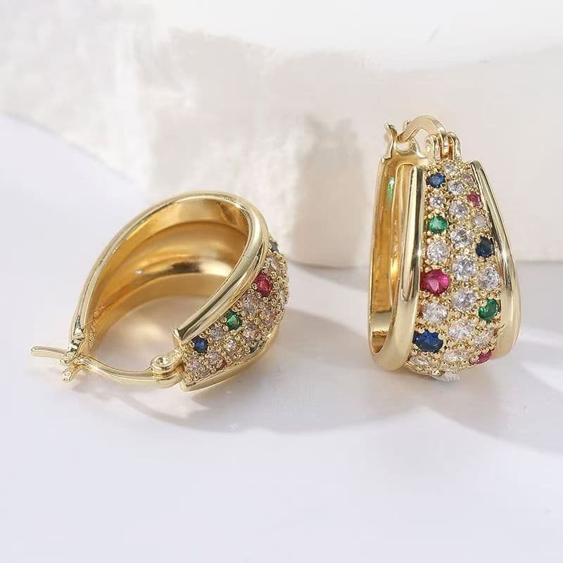 Vintage Micro Paved Colorful Gemstone Click Hoop Earrings For Women, Gold Light Luxury Texture Dangle Earrings, All Match Daily Jewelry For Commute & Date
