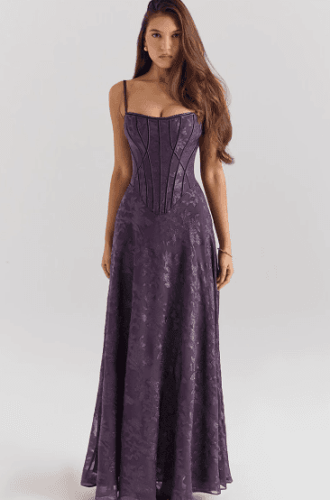 Spaghetti Strap Corset Boned Floral Lace Applique Maxi Formal Evening Gown