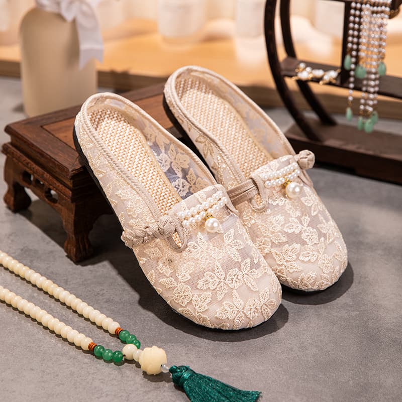 Summer Outdoor Mesh Embroidered Slippers - Low Heel Soft Sole Cloth Shoes, Breathable Slip-On Mesh Mule Slippers For Women