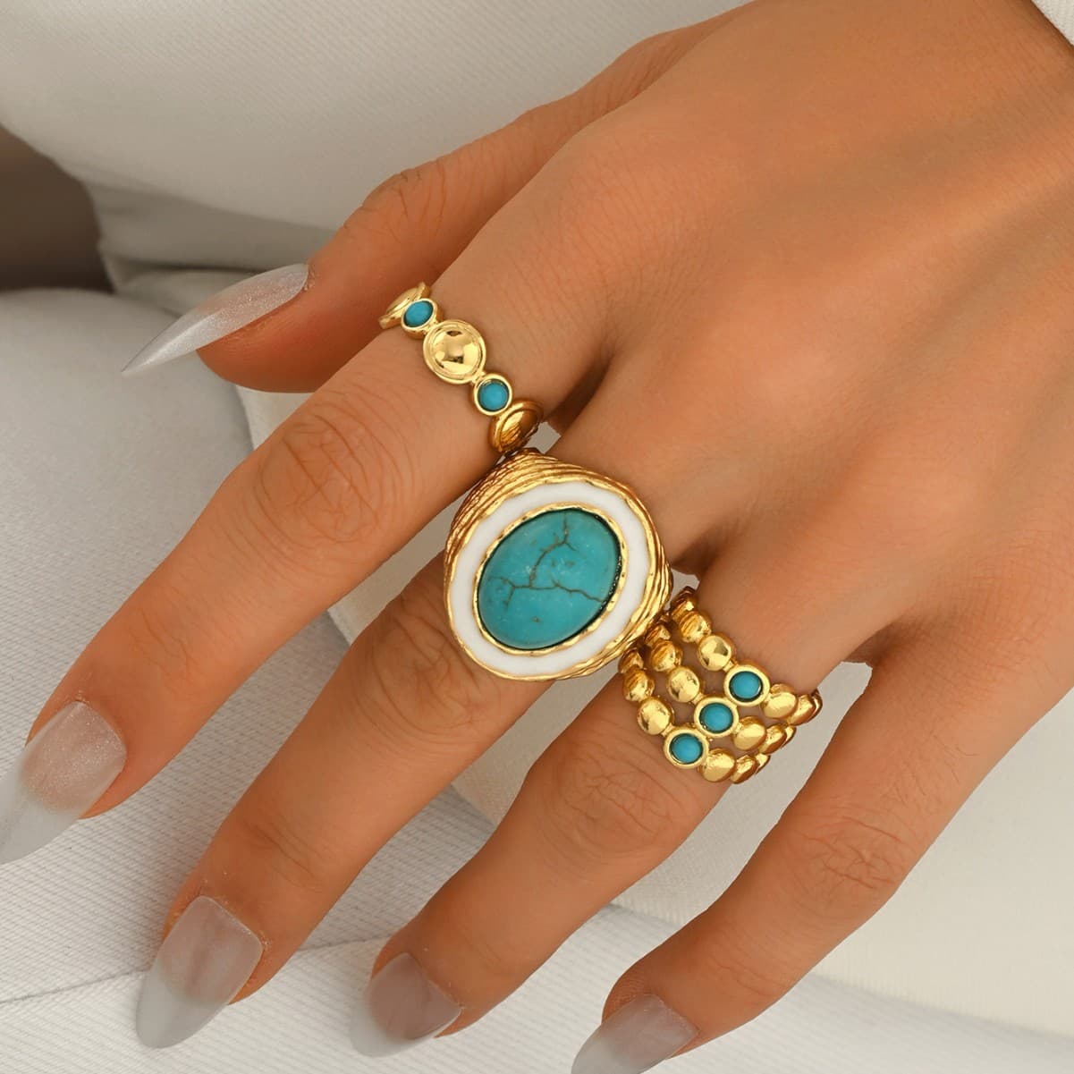 Cross-border European American Vintage Women Ring, Geometric Multi-Layer Design Inlaid Synthetic Turquoise, Adjustable Open Band Versatile Wrist Jewelry For Ladies