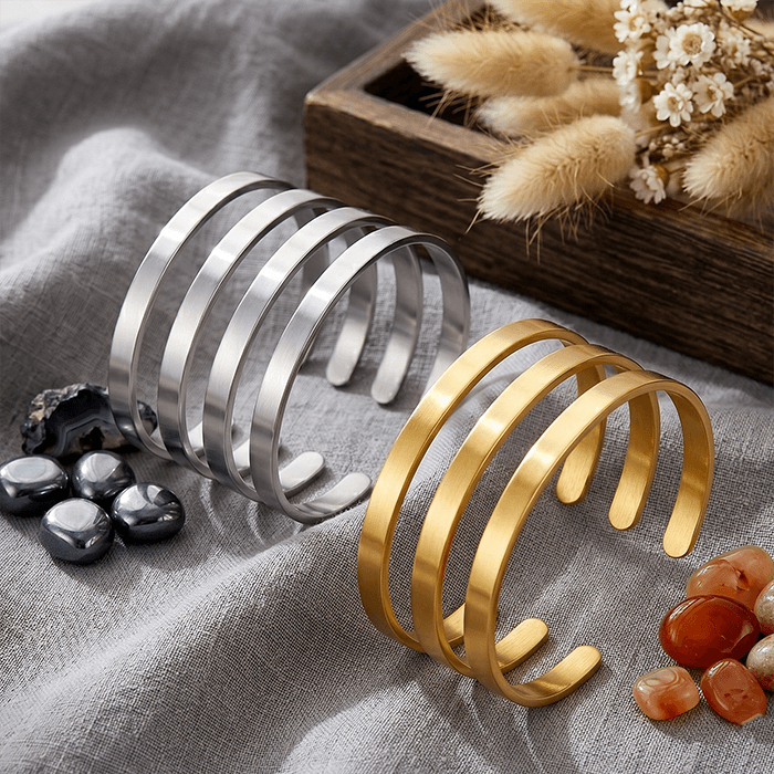 7Pcs Stackable Cuff Bangle Bracelets For Women, 18K Gold Plated Stainless Steel Plain Open Bangle Set, Minimalist Layering Jewelry Gift