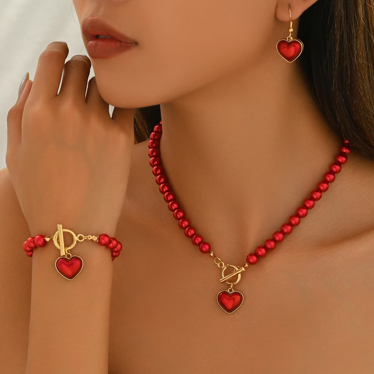 New European American Cross-border Women Jewelry Set, Geometric Heart Braided Necklace Decorated With Faux Pearl, Matching Versatile Earrings & Wrist Accessories