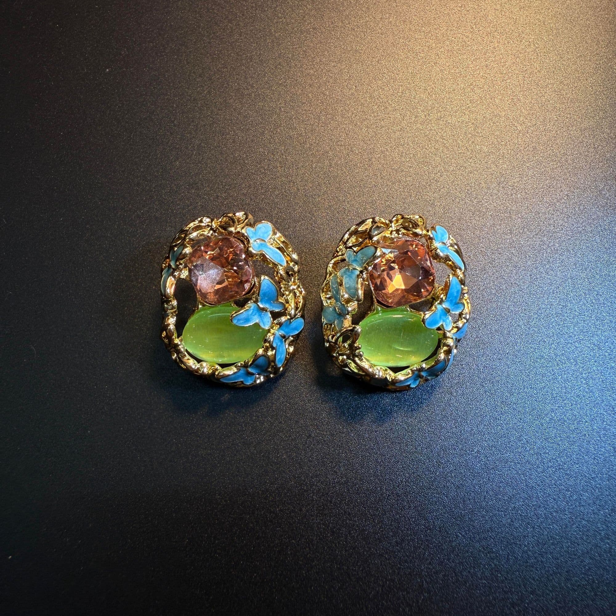 Blossom Olive Vintage Antique Jewelry, Green Butterfly Cat Eye Enamel Crystal Stud Earrings For Women