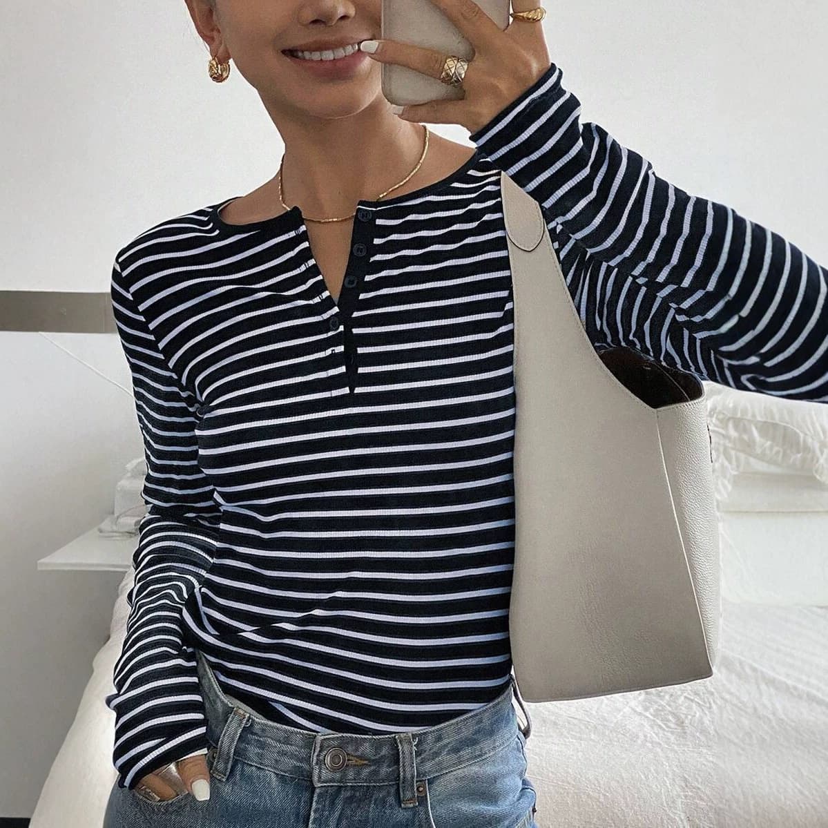 Striped Loose-Fit Long-Sleeve T-Shirt Casual Fashion Top For Women